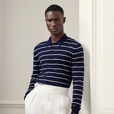 Shop Ralph Lauren Purple Label Striped Cotton Polo-collar Sweater In Spring Navy/optic White