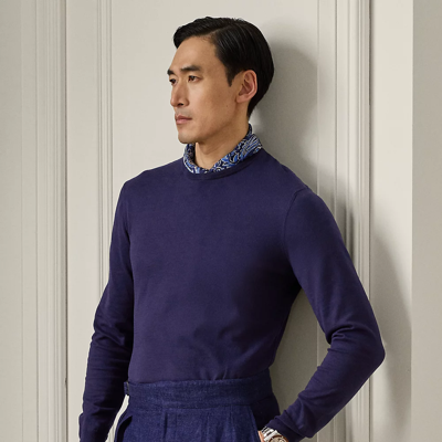 Shop Ralph Lauren Purple Label Cotton Crewneck Sweater In Spring Navy