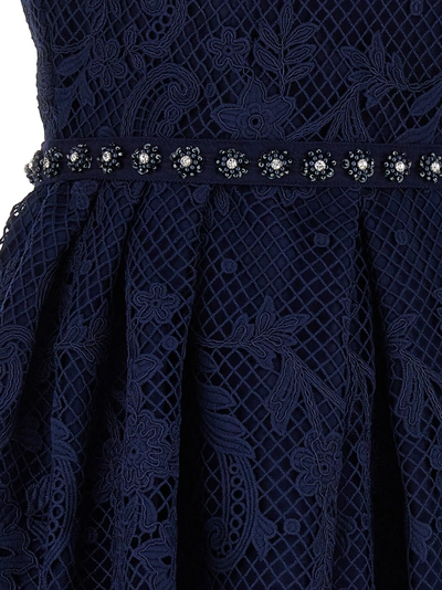 Shop Self-portrait Navy Lace Embellished Mini Dresses Blue