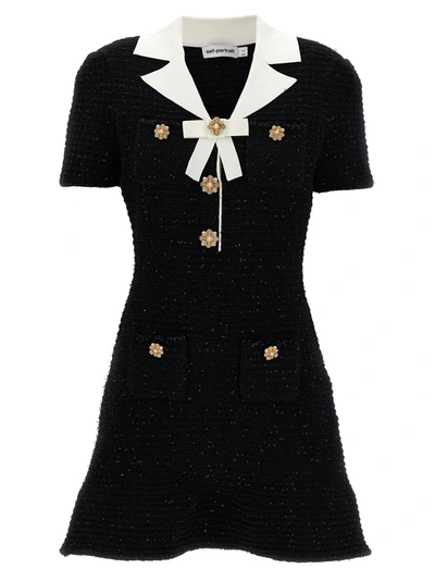 Shop Self-portrait Black Knit Bow Mini Dresses Black