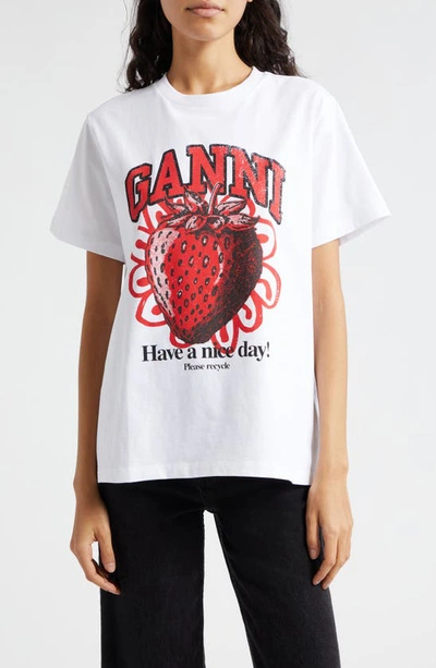 Shop Ganni Strawberry Organic Cotton Graphic T-shirt In Bright White