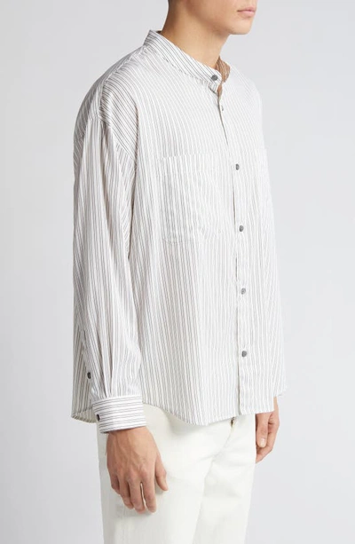 Frame Pinstripe Band Collar Button-up Shirt In Black White Stripe