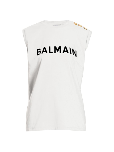 Shop Balmain Women's Logo Button-shoulder Muscle T-shirt In White Black