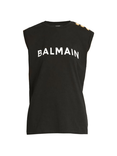 Shop Balmain Women's Logo Button-shoulder Muscle T-shirt In Black White
