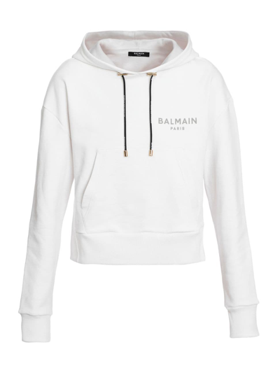 Shop Balmain Women's Logo Cotton Hoodie In White Black