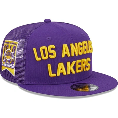Shop New Era Purple Los Angeles Lakers Stacked Script 9fifty Trucker Snapback Hat