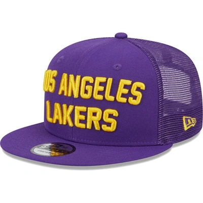 Shop New Era Purple Los Angeles Lakers Stacked Script 9fifty Trucker Snapback Hat