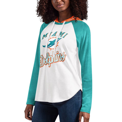 Shop G-iii 4her By Carl Banks White Miami Dolphins Mvp Raglan Hooded Long Sleeve T-shirt