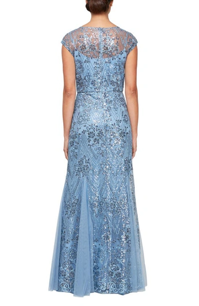 Alex Evenings Sequin Tulle Trumpet Gown With Shawl In Vintage Blue