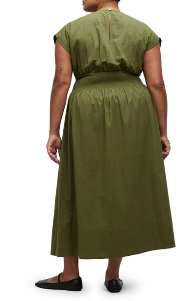 Shop Madewell Stripe Smocked Waist Seersucker Midi Dress In Desert Olive