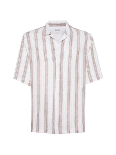 Shop Brunello Cucinelli Men's Textured Striped Linen Shirt With Camp Collar In Bronzite