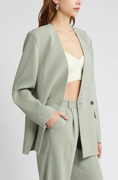 Open Edit Collarless Double Breasted Blazer In Green Halo