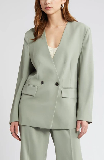 Open Edit Collarless Double Breasted Blazer In Green Halo