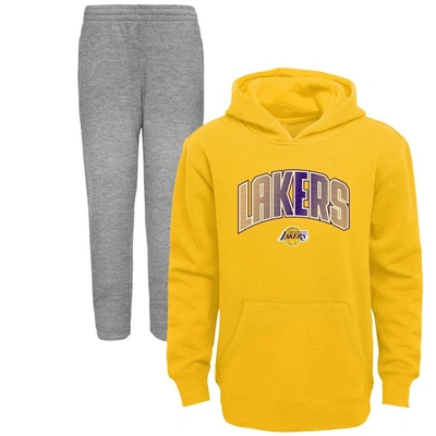 Shop Outerstuff Preschool Gold/heather Gray Los Angeles Lakers Double Up Pullover Hoodie & Pants Set
