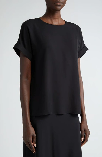 Lafayette 148 Roll Cuff Short Sleeve Silk Georgette Top In Black