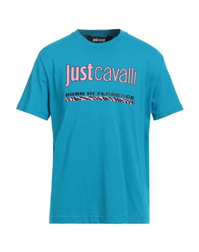 Shop Just Cavalli Man T-shirt Azure Size M Cotton In Blue