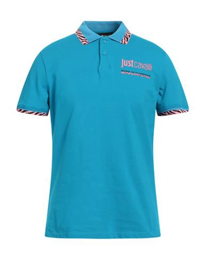 Shop Just Cavalli Man Polo Shirt Turquoise Size L Cotton, Viscose, Polyamide, Elastane In Blue