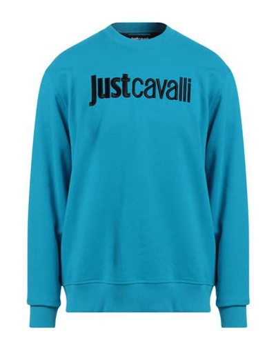 Shop Just Cavalli Man Sweatshirt Turquoise Size M Cotton, Elastane In Blue