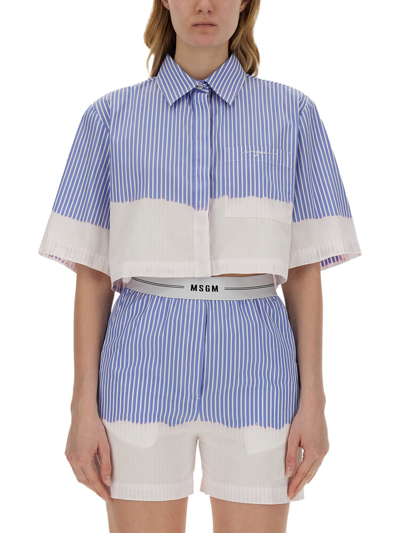 Shop Msgm Shirt With Faded Treatment In Celeste