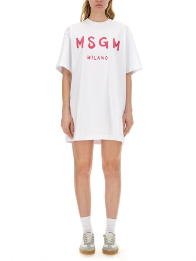 Shop Msgm Dress With Logo In Bianco