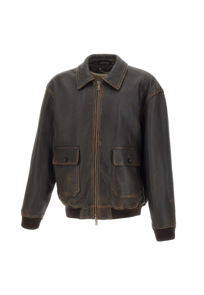 Shop Golden Goose Louis Aviator Leather Jacket In Brown