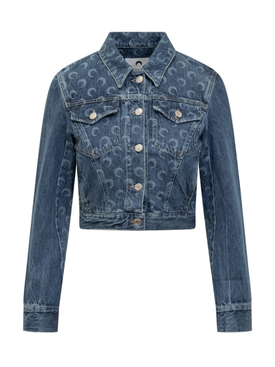 Shop Marine Serre Denim Boxy Jacket In Blue