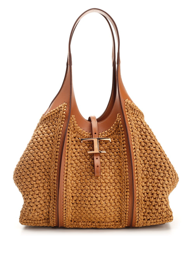 Shop Tod's Medium T Timeless Tote Bag In Raffia And Leather In Beige