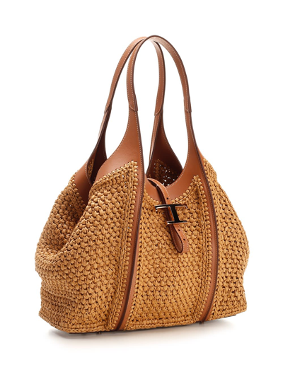 Shop Tod's Medium T Timeless Tote Bag In Raffia And Leather In Beige