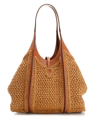 Shop Tod's Medium T Timeless Tote Bag In Raffia And Leather In Beige