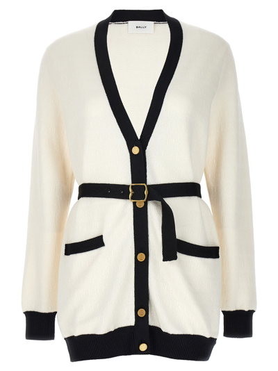 Bally Logo Jacquard Belted Cardigan In White/black