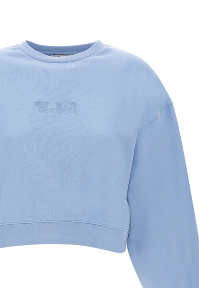 Shop Woolrich Cotton Fleece Logo Crewneck Sweatshirt In Blue
