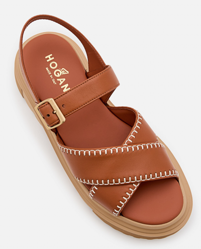 Shop Hogan H644 Leather Sandals In Brown