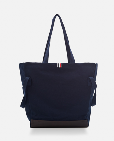 Shop Thom Browne Cotton Pocket Tote Bag In Blue