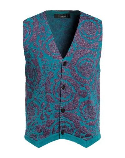 Shop Versace Man Cardigan Turquoise Size 44 Metallic Polyester, Viscose, Polyester, Polyamide, Wool In Blue