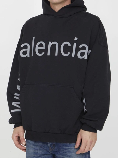 Balenciaga Logo Cotton Hoodie In Washed Black,grey