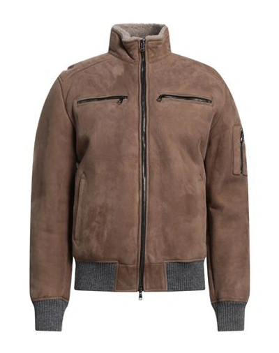 Shop Barba Napoli Man Jacket Khaki Size 40 Leather In Beige