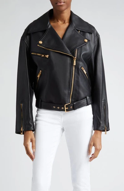 Shop Versace Leather Biker Jacket In Black