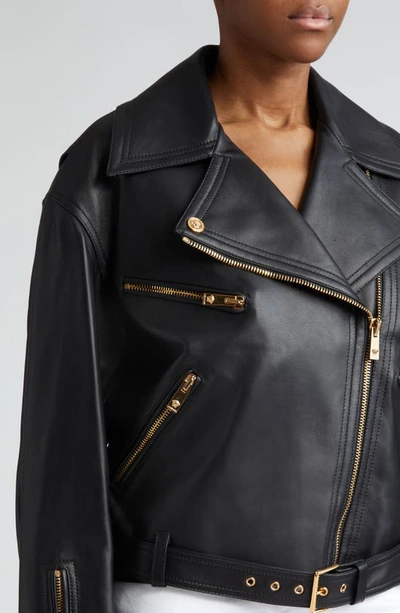 Shop Versace Leather Biker Jacket In Black