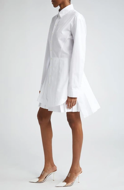 Shop Alaïa Pleated Long Sleeve Cotton Blend Poplin Shirtdress In Blanc