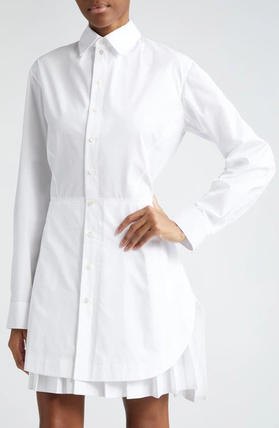 Shop Alaïa Pleated Long Sleeve Cotton Blend Poplin Shirtdress In Blanc