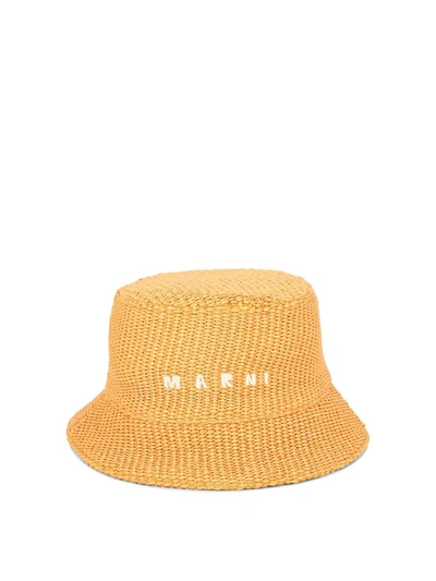 Shop Marni Raffia Bucket Hat With Logo Embroidery In Nectarne