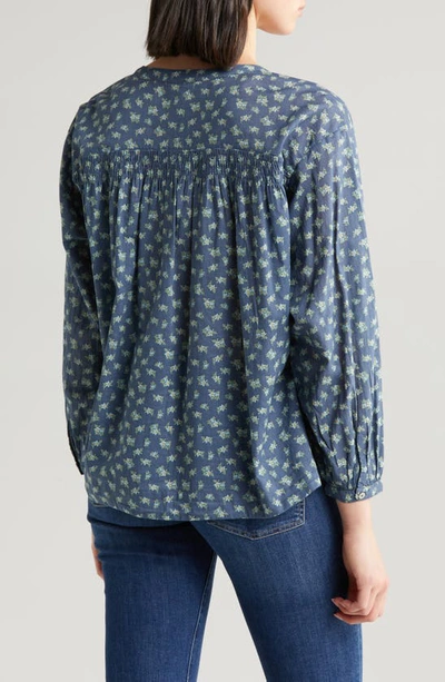 Shop Lucky Brand Floral Smocked Button-up Top In Navy Multi