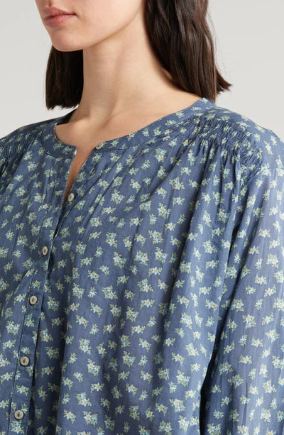 Shop Lucky Brand Floral Smocked Button-up Top In Navy Multi