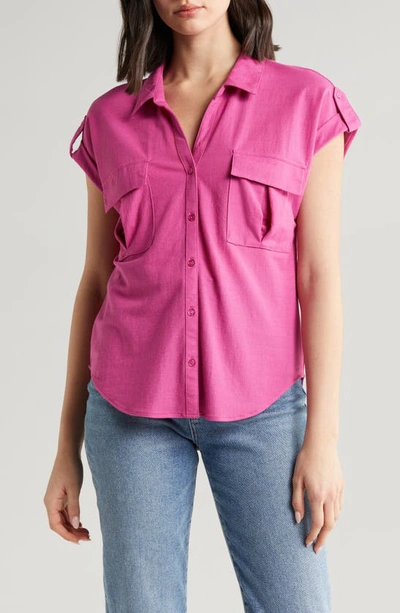 Shop Bobeau Utility Short Sleeve Button-up Shirt In Fuchsia