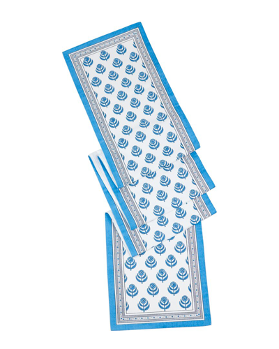 Tiramisu Blue Blooms Block Print Cotton Table Runner In Blue