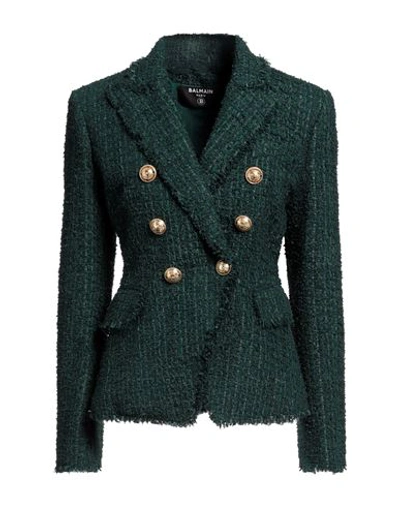 Shop Balmain Woman Blazer Green Size 8 Polyamide, Virgin Wool, Cotton