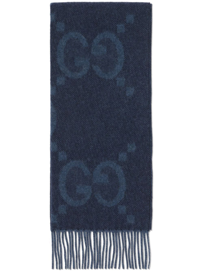 Shop Gucci Blue Intarsia Gg-logo Cashmere Scarf
