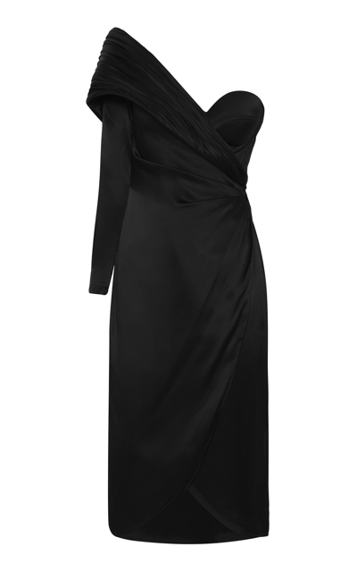 Shop Andres Otalora Punto Y Aparte Draped Silk Charmeuse Midi Dress In Black