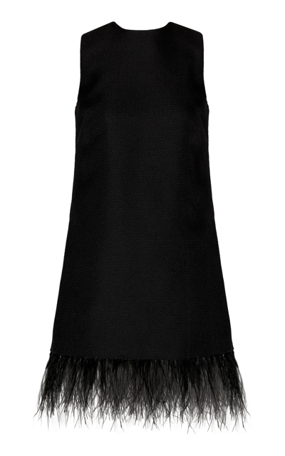 Shop Andres Otalora Solo Baila Feather-trimmed Piqué Woven Mini Dress In Black