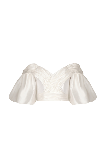 Shop Andres Otalora En Poesia Ruched Taffeta Off-the-shoulder Top In Off-white